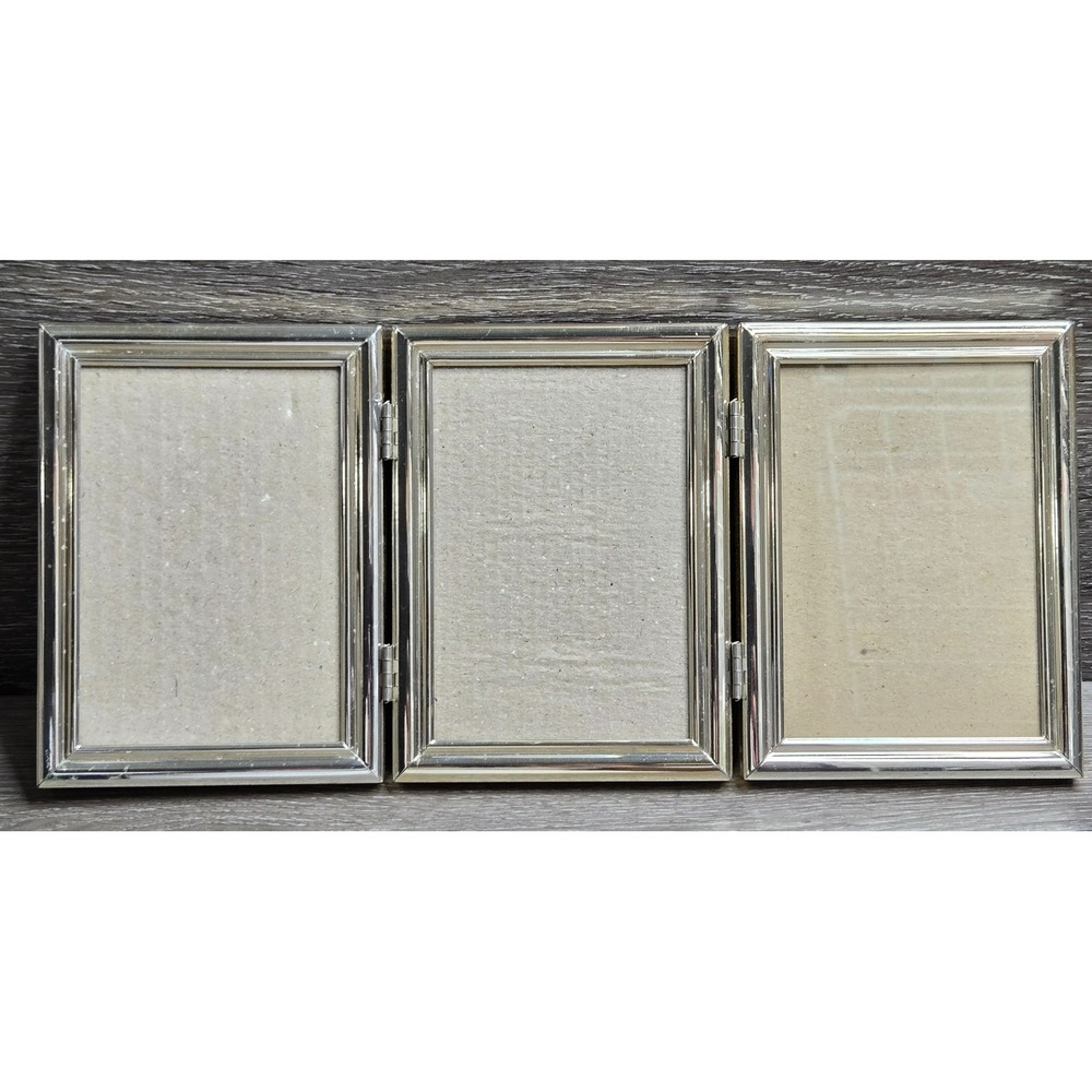 Fetco Home Decor Brass Gold Tone Metal Hinged Tri-fold Picture Frame 3.5x4.5"
